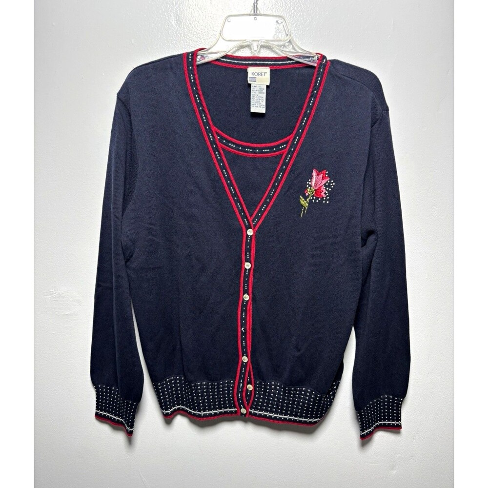 Koret Women’s L Navy V-Neck Button Cardigan & Tank Floral Embroidery Cotton Knit